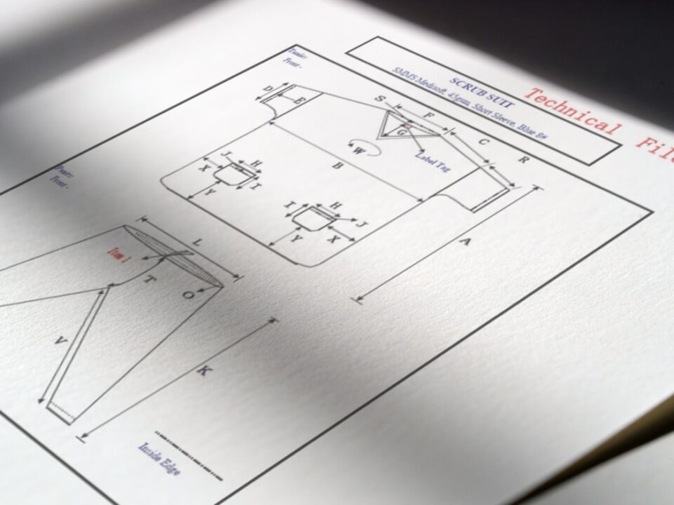 Technical drawing of a scrub suit